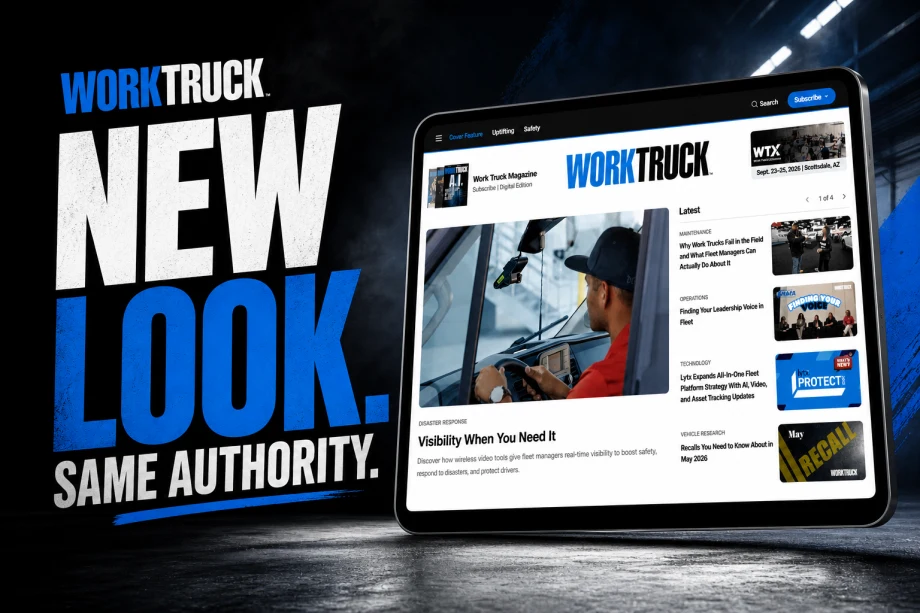 Work Truck Online relaunch announcement featuring bold “New Look. Same Authority.” text alongside a tablet displaying the redesigned website homepage.