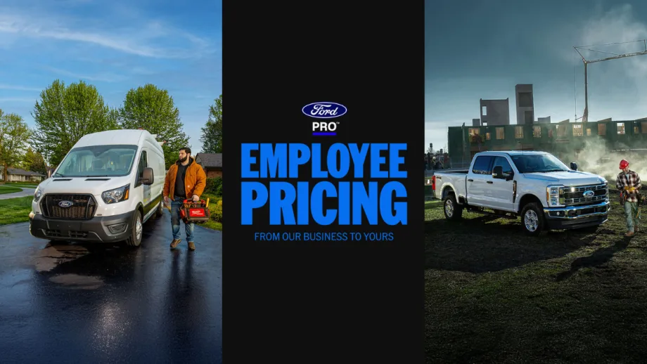 Ford Pro employee pricing promotional graphic featuring a Ford Transit van, Ford Super Duty pickup, and the slogan “Employee Pricing From Our Business to Yours.”
