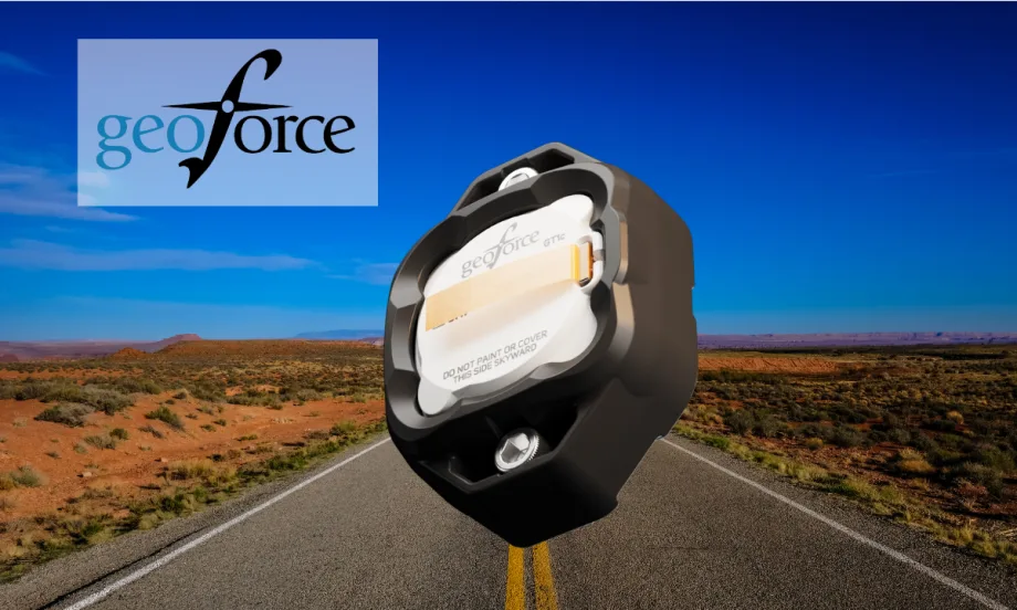 Asset tracker against background image of a remote desert highway, and logo upper left for Geoforce.