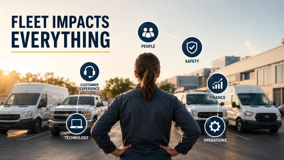 A fleet manager stands in front of several work vans in a commercial parking lot while icons representing people, safety, finance, operations, customer experience, and technology surround the scene, illustrating how fleet impacts every part of a business.
