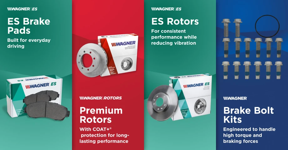 Promotional graphic showing Wagner ES brake pads, premium rotors, ES rotors and brake bolt kits for commercial vans and heavy-duty work truck applications.