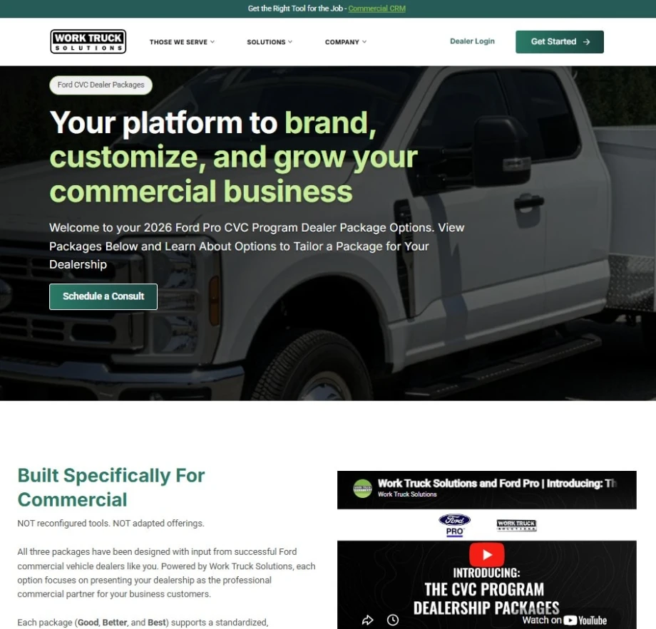 Screenshot of the Work Truck Solutions website promoting Ford Pro CVC dealer packages. The page features a commercial truck background image, marketing text about growing commercial business, navigation links, a consultation button, and an embedded YouTube video.