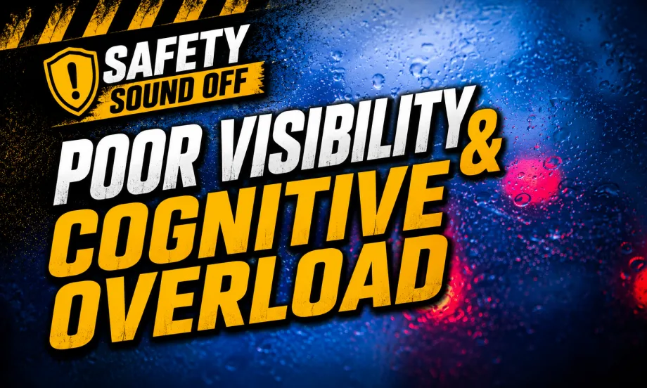 Graphic for “Safety Sound Off” featuring the headline “Poor Visibility & Cognitive Overload” in bold white and yellow text over a rain-covered windshield background with blurred taillights and caution-stripe accents.