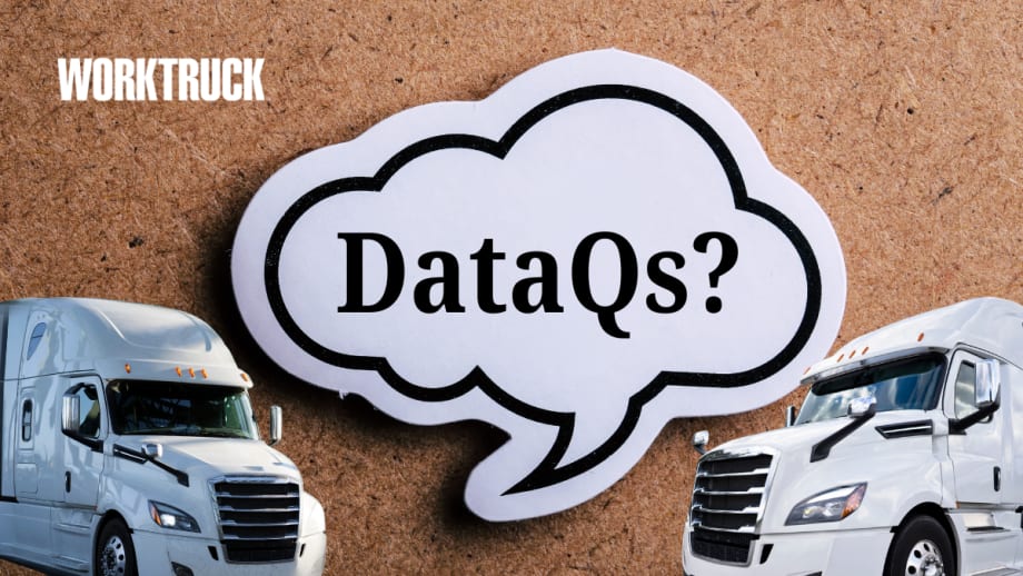 Graphic featuring a speech bubble with the text “DataQs?” centered between two white semi-trucks on a textured brown background, with the Work Truck logo in the upper left corner.