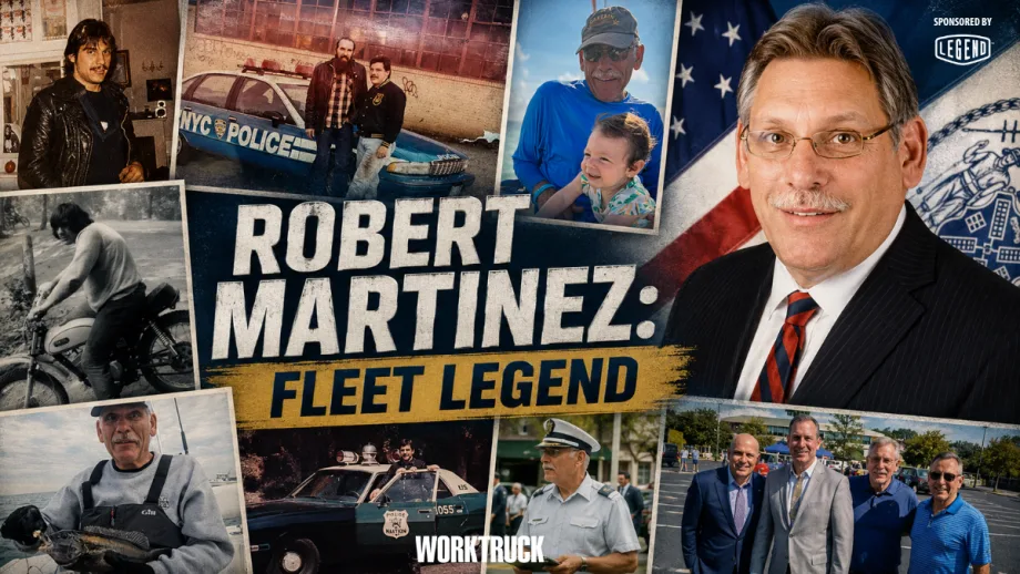 Collage-style feature image of fleet industry veteran Robert Martinez throughout different stages of his life and career, including vintage motorcycle photos, NYPD fleet operations, leadership roles, family moments, and retirement years, with bold text reading “Robert Martinez: Fleet Legend.”