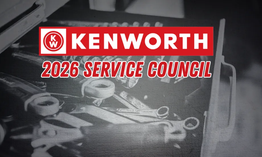 Image promoting the Kenworth 2026 Service Council featuring the Kenworth logo and bold event text over a grayscale background of mechanic tools and workshop equipment.