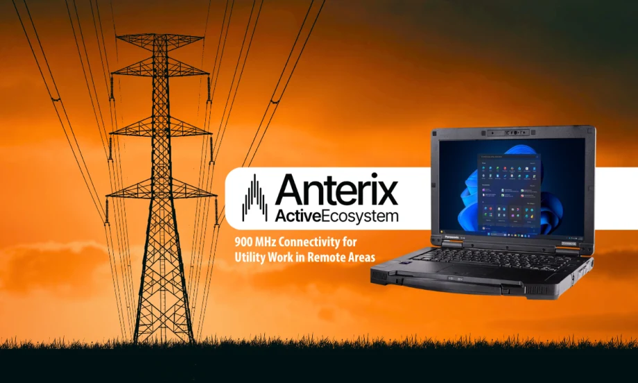 Image promoting the Anterix Active Ecosystem with 900 MHz connectivity for utility work in remote areas. The image features power transmission lines at sunset alongside a rugged Panasonic Toughbook laptop displaying a Windows interface.