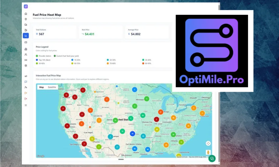 Screenshot of the OptiMile.Pro platform displaying a fuel price heat map across the United States. The interface shows station pricing data, color-coded map markers, and dashboard metrics alongside the OptiMile.Pro logo.