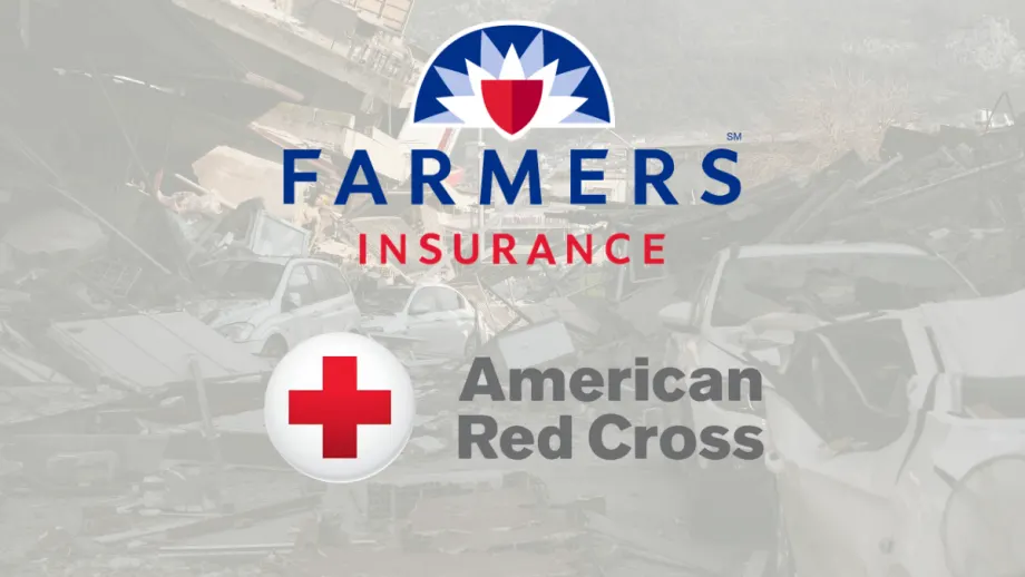 Farmers Insurance and American Red Cross logos displayed over storm and disaster damage imagery representing emergency recovery assistance efforts.