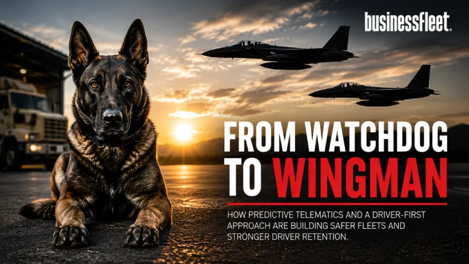 A German Shepherd lies alert on a runway at sunset while fighter jets fly overhead beside the headline “From Watchdog to Wingman,” symbolizing the shift from fleet surveillance to driver support through predictive telematics.