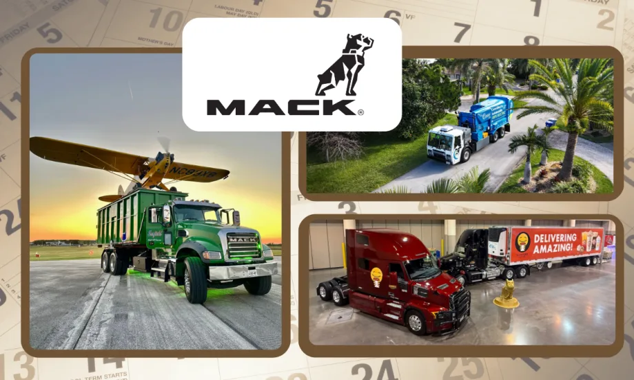 Collage featuring Mack Trucks calendar winners, including a green dump truck beside an airplane, a blue refuse truck driving through a neighborhood, and a red semi-truck with trailer displayed indoors beneath the Mack logo.