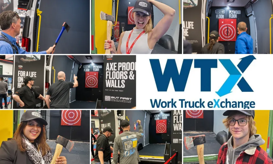 Attendees participate in LEGEND’s axe-throwing van experience at Work Truck Exchange as part of the event’s networking and entertainment activities.