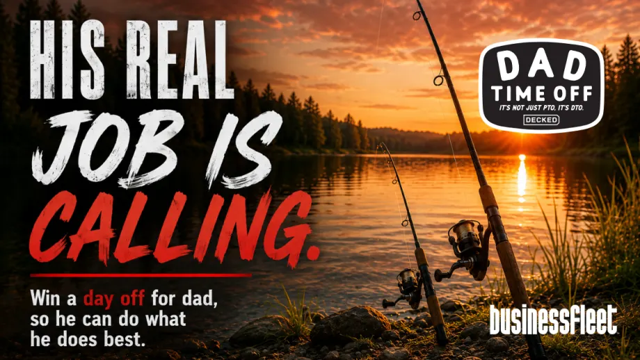A sunset lake scene features two fishing rods stuck into a rocky shoreline while bold white and red brush-style lettering reads “His Real Job is Calling.” Additional text promotes a chance for dads to win a paid day off.