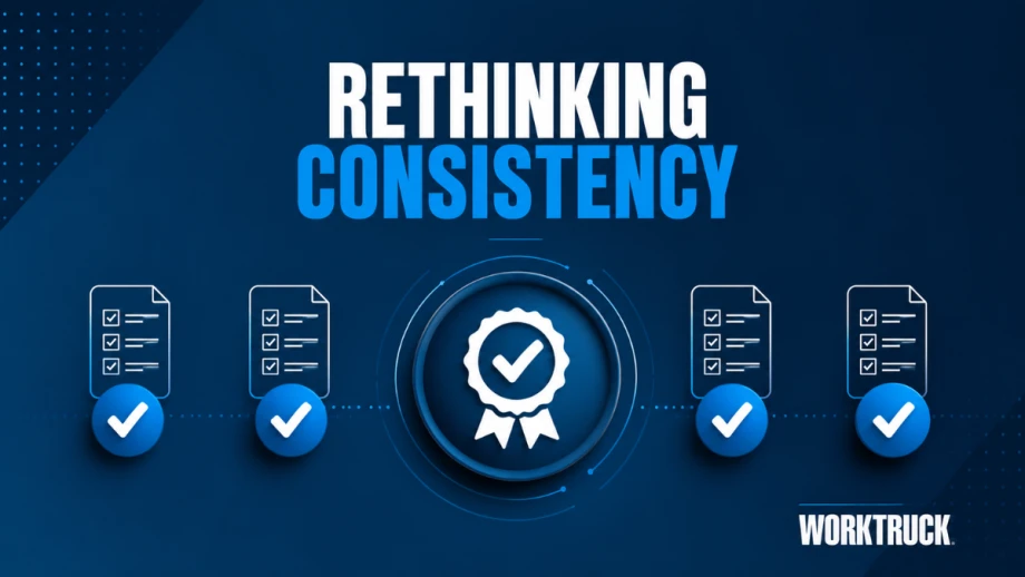 Conceptual illustration representing fleet standardization, featuring checklist icons, verification symbols, and a magnifying glass highlighting a certification badge beneath the headline "Rethinking Consistency."