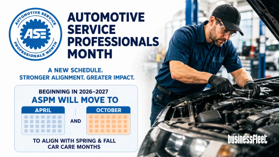 A wide promotional graphic announcing changes to Automotive Service Professionals Month. The ASE Automotive Service Professionals Month logo appears above text announcing that beginning in 2026-2027, Automotive Service Professionals Month will move to April and October to align with Spring and Fall Car Care Months.