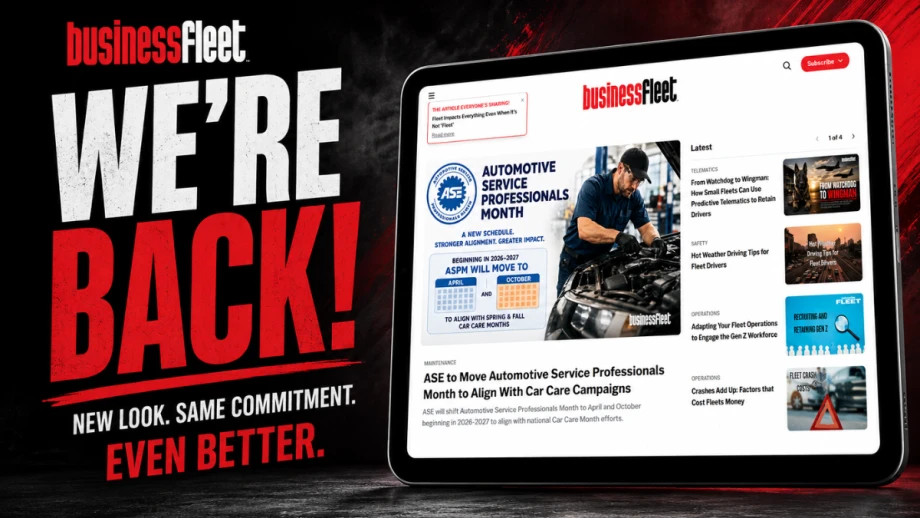 Business Fleet website relaunch graphic featuring “We’re Back!” messaging and a tablet displaying the redesigned Business Fleet homepage.