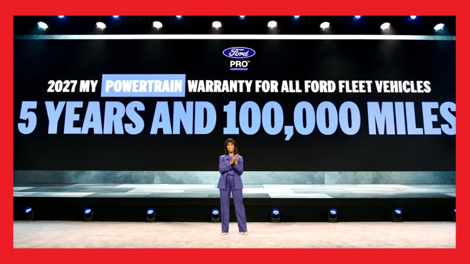 Ford Pro President Alicia Boler Davis announces the expansion of Ford Pro's 5-year/100,000-mile Limited Powertrain Warranty to additional 2027 model-year fleet vehicles during the company's Fleet Preview event in Las Vegas.