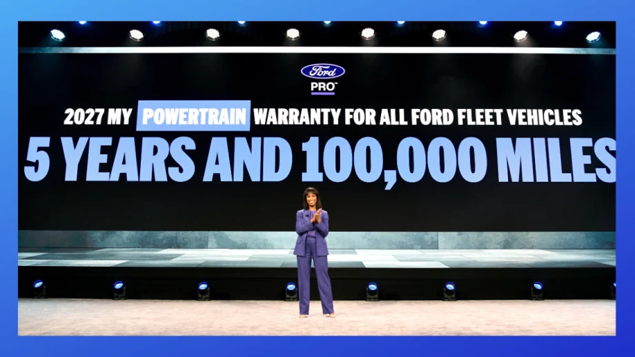 Ford Pro President Alicia Boler Davis presents expanded 5-year, 100,000-mile Limited Powertrain Warranty coverage for Ford commercial trucks and vans during a Las Vegas event.