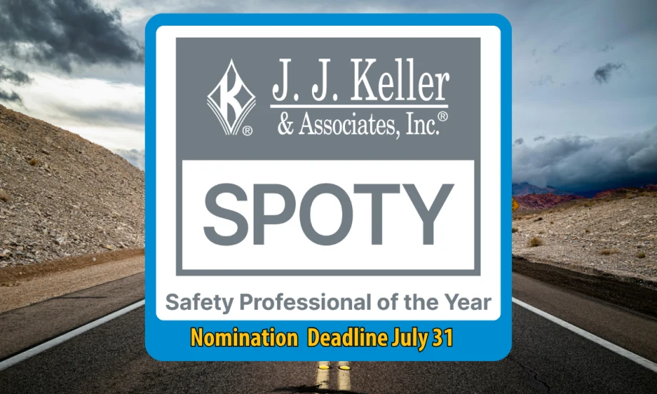 J. J. Keller & Associates, Inc. Safety Professional of the Year award logo, featuring the company name, stylized “K” emblem, and bold “SPOTY” acronym above the title “Safety Professional of the Year.”