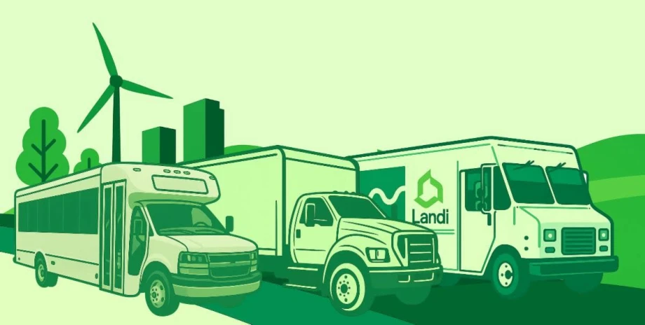 Illustration of alternative-fuel commercial vehicles, including a shuttle bus, pickup truck, and delivery truck branded Landi, set against a green landscape with wind turbines, trees, and city buildings, emphasizing sustainable transportation and clean energy.