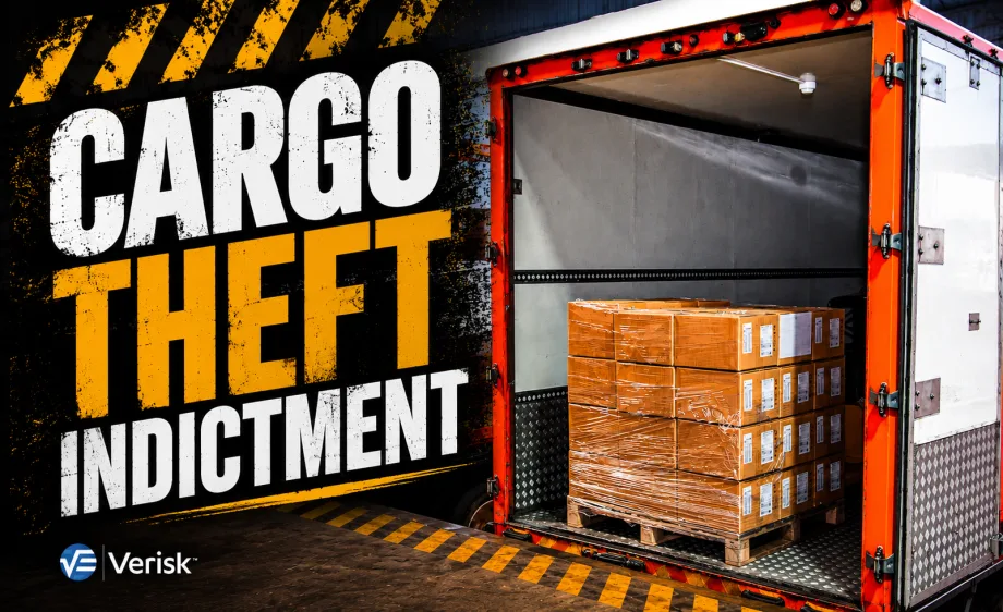 Graphic promoting a Verisk cargo theft story. Large text reads “Cargo Theft Indictment” beside an open box truck containing palletized, shrink-wrapped cargo, highlighting a transportation crime and law enforcement investigation.