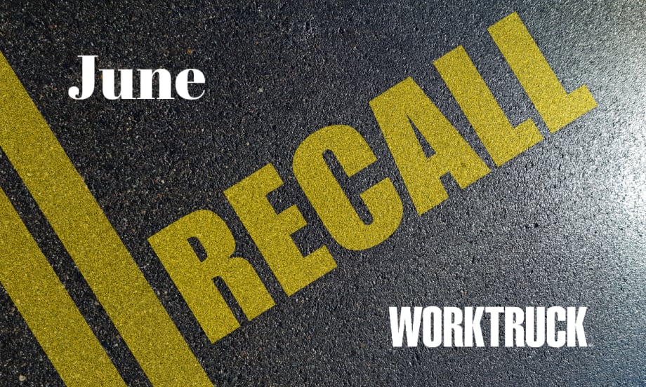 Graphic showing the word “RECALL” painted in large yellow letters across a road surface with double yellow center lines. “June” appears at top left, and the Work Truck logo appears at bottom right.
