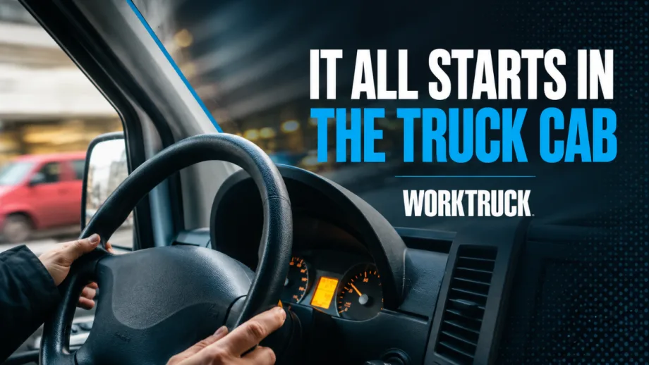 View from inside a work truck cab showing a driver’s hands on the steering wheel while traveling through an urban area. The image includes the headline “It All Starts in the Truck Cab” and illustrates how driver behavior influences fuel consumption, operating costs, and fleet performance.
