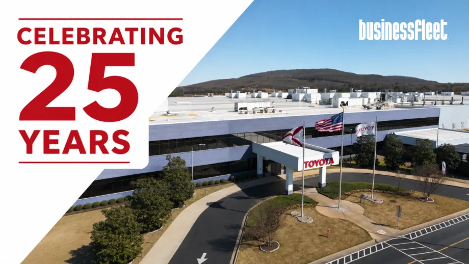 Aerial view of Toyota Alabama's manufacturing facility in Huntsville, Alabama, featuring the main plant entrance and surrounding campus. A bold red graphic overlay reads "Celebrating 25 Years" against a clean white design panel, marking the facility's 25th anniversary milestone.