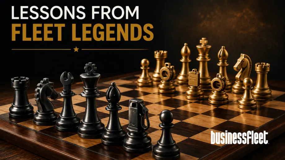 A wooden chessboard is set with custom black and gold chess pieces featuring industrial and fleet-inspired details such as gears, tools, and maintenance symbols. The pieces face off under warm lighting against a dark textured background. The headline "Lessons From Fleet Legends" appears above the board, emphasizing strategy, planning, and leadership.