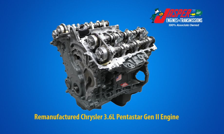 Promotional graphic from Jasper Engines & Transmissions featuring a remanufactured Chrysler 3.6L Pentastar Gen II engine on a blue background, with company branding and product identification text.