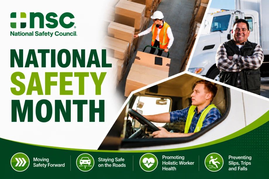 Graphic for NSC National Safety Month featuring warehouse, trucking, and transportation workers. Text highlights safety priorities including moving safety forward, road safety, worker health, and preventing slips, trips, and falls.