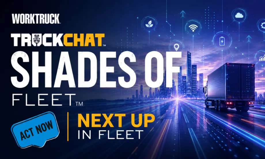 Graphic for Work Truck's TruckChat Shades of Fleet series titled "Next Up in Fleet." A commercial truck drives toward a futuristic city skyline with digital technology icons, connected vehicle imagery, and blue light trails representing innovation and the future of fleet.
