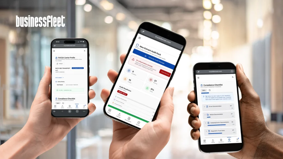 Three smartphones displaying TruckDocsAI's mobile compliance platform, including FMCSA carrier profile information, audit readiness tracking, and compliance checklist tools for owner-operators and small trucking fleets.