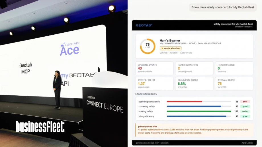 Conference presentation displaying Geotab MCP Connector integration with AI platforms and a fleet analytics dashboard illustrating AI-powered access to operational fleet data.