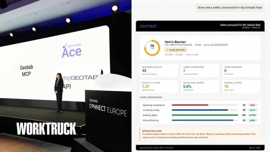 Geotab presentation showing MCP Connector integration with AI platforms including ChatGPT, Claude, and Gemini alongside a fleet safety scorecard generated from connected vehicle data.