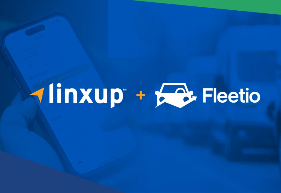 Graphic announcing a partnership between Linxup and Fleetio, featuring both company logos over a blue-toned background with a smartphone and blurred vehicle imagery, symbolizing connected fleet management and vehicle tracking integration.