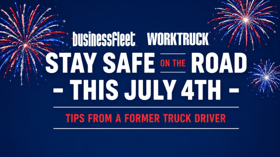 Graphic featuring fireworks on a blue background with the headline "Stay Safe on the Road This July 4th" and the subheading "Tips From a Former Truck Driver." The image promotes road safety during holiday travel and accompanies advice on avoiding truck blind spots, passing safely, leaving adequate space around trucks, and planning travel during busy traffic periods.