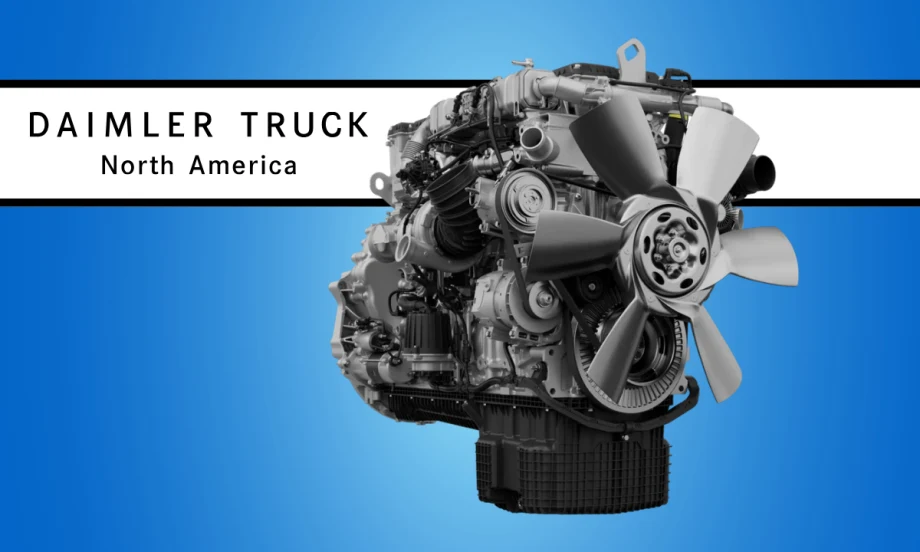 Daimler Truck North America promotional graphic featuring a heavy-duty diesel engine with a large cooling fan on a gray background, alongside the Daimler Truck North America logo and branding.