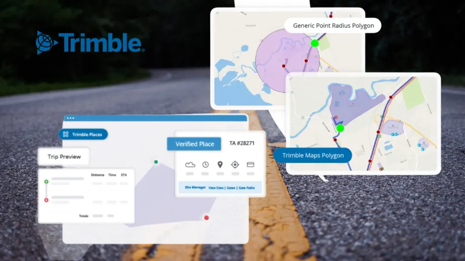 Trimble Places interface displayed over a roadway background, showing digital maps, location polygons, trip planning information, and verified commercial vehicle destinations. Trimble is integrating Engine's hotel booking technology into its transportation platforms to help drivers find and book lodging within existing fleet workflows.