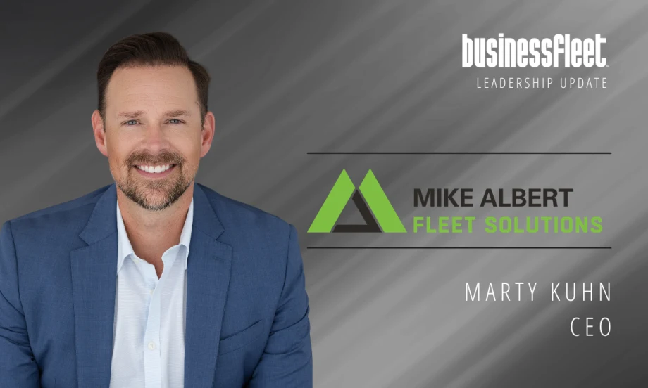 Portrait of Marty Kuhn, newly appointed CEO and president of Mike Albert Fleet Solutions, featured in a Business Fleet leadership update graphic.