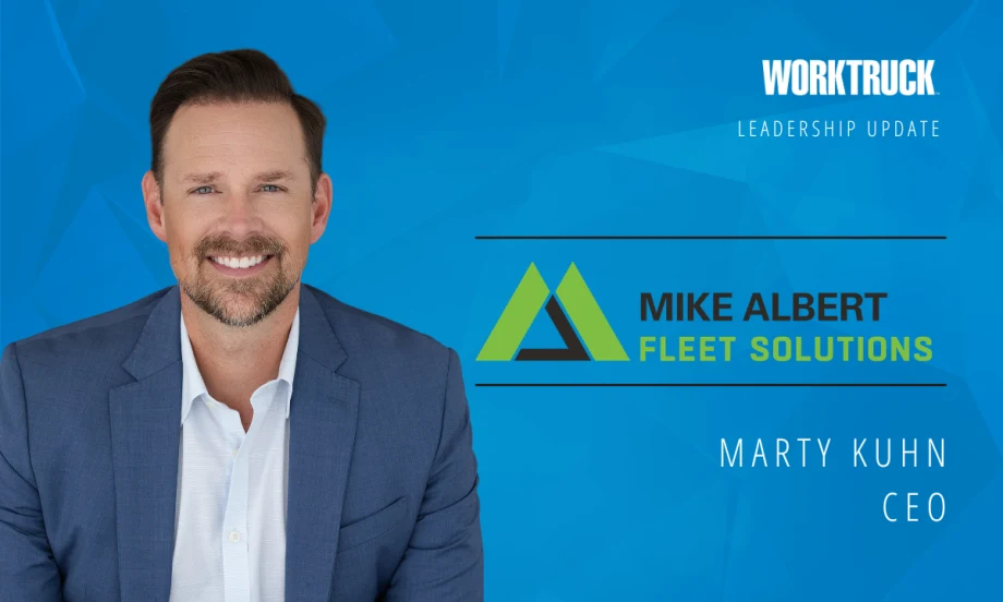 Portrait of Marty Kuhn, CEO and president of Mike Albert Fleet Solutions, featured in a Work Truck leadership update graphic.