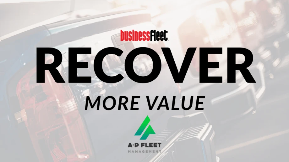 Graphic featuring the Business Fleet logo above the headline "Recover More Value" over a blurred image of commercial pickup trucks parked in a fleet lot. The graphic accompanies a story about AP Fleet Management expanding its vehicle remarketing program to help fleets maximize resale value and simplify the vehicle sales process.
