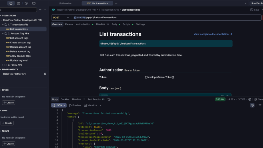 Screenshot of the RoadFlex Partner Developer API in Postman displaying the List Transactions endpoint, including request details, Bearer token authentication, and a successful JSON response with sample fuel card transaction data.