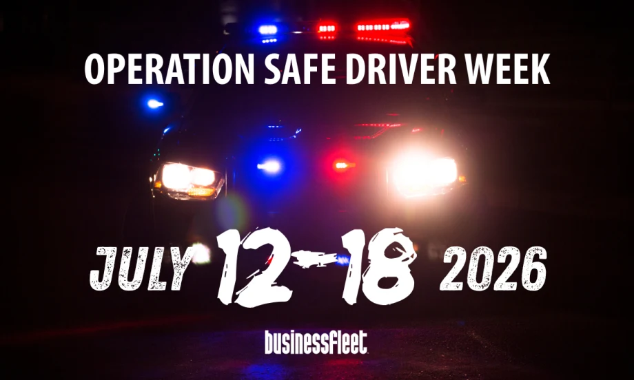 Business Fleet graphic promoting Operation Safe Driver Week, showing a police vehicle with flashing red and blue emergency lights and the dates July 12-18, 2026.