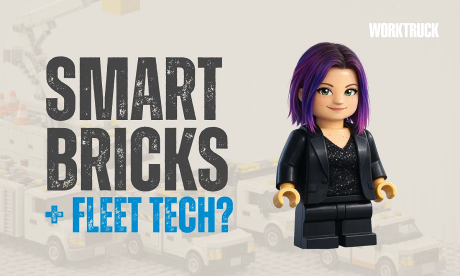 Thumbnail showing a LEGO-style fleet of work trucks and a LEGO-like minifigure with text reading “SMART BRICKS + FLEET TECH?” for a Work Truck blog.