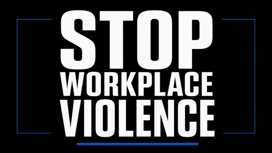 Black graphic with large white text reading “Stop Workplace Violence” framed by blue accent lines.