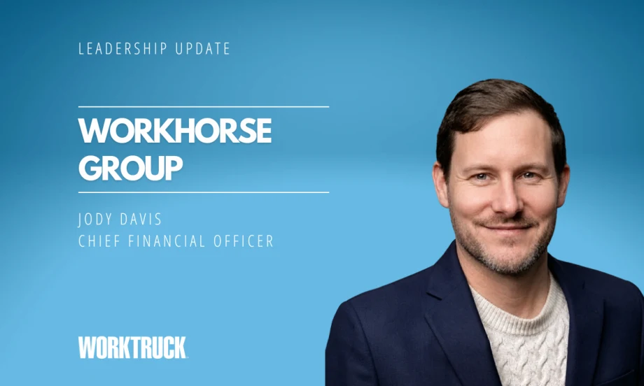 Leadership update graphic announcing Jody Davis as chief financial officer of Workhorse Group, featuring his portrait against a blue background with Work Truck branding.