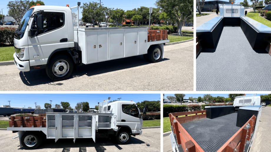 Four-photo collage showing a white RIZON medium-duty truck with a utility flatbed, highlighting exterior storage compartments, open tool cabinets, and a spacious diamond-plate cargo bed designed for commercial work applications.