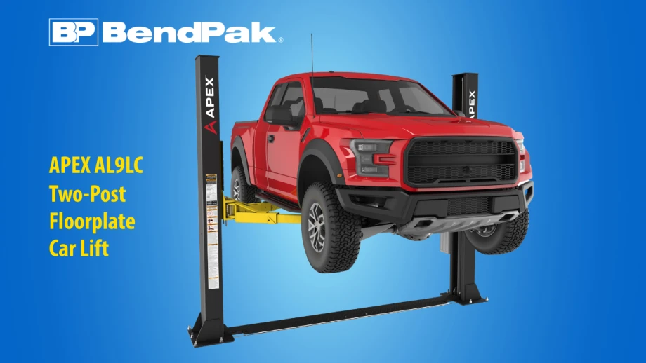 Red pickup truck raised on a BendPak APEX AL9LC two-post floorplate vehicle lift against a blue background, highlighting the heavy-duty automotive lift designed for service and repair applications.