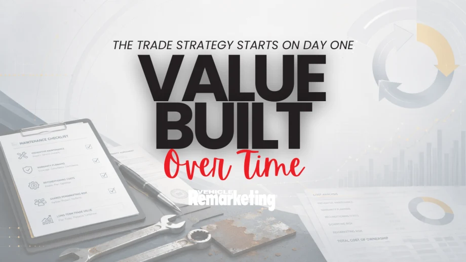 Graphic reading “The trade strategy starts on day one. Value Built Over Time” over a maintenance planning scene with a checklist, tools, lifecycle graphics, and cost-analysis charts.